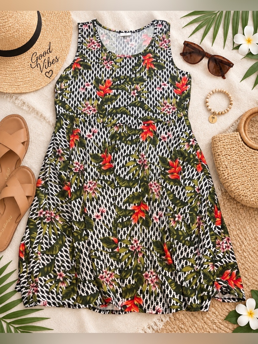 LuLaRoe Nicki Tropical Floral Geometric Swing Dress Plus Size 2XL